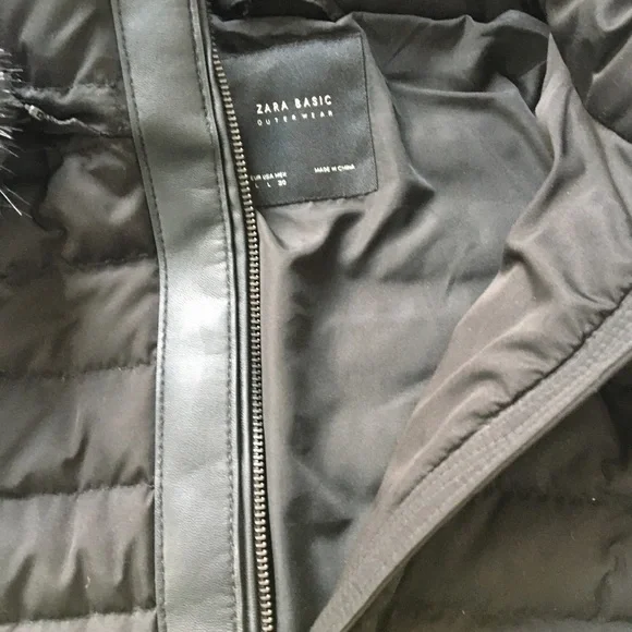 Zara Long Down Anorak Puffer Coat W/Fur Hood Color Black Size Large NWT